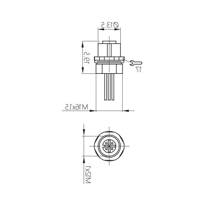 M12 5Pin、母头直型、法兰插座、板前安装、适用于PCB安装、64SA41P